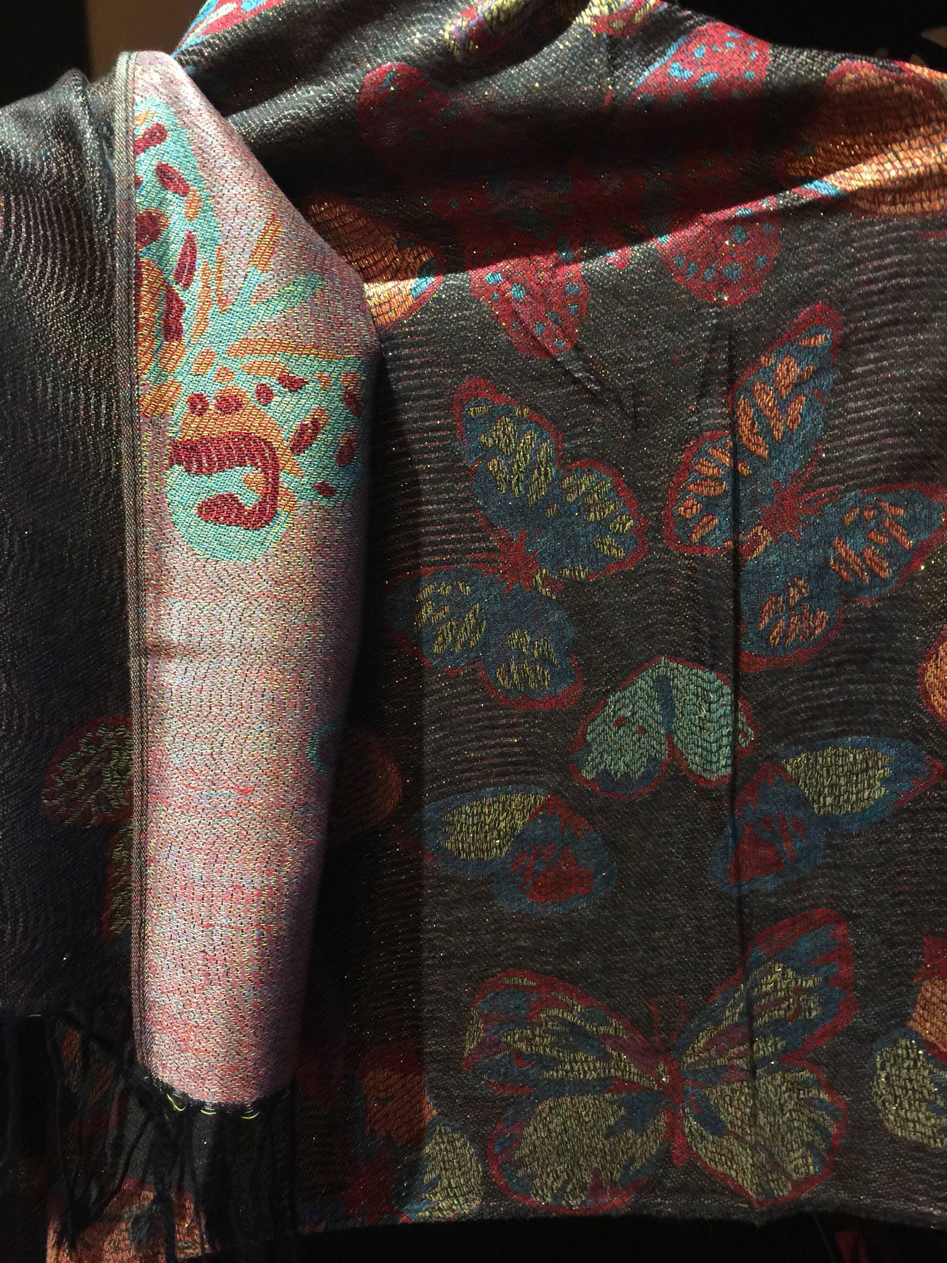 Nemesis Vintage Black Gold Butterfly Brocade Pashmina Scarf Wrap