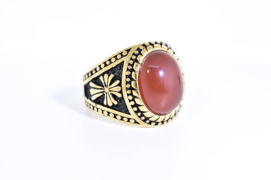 Vintage Gothic Gold Finished Genuine Red Carnelian Cross Mens Ring