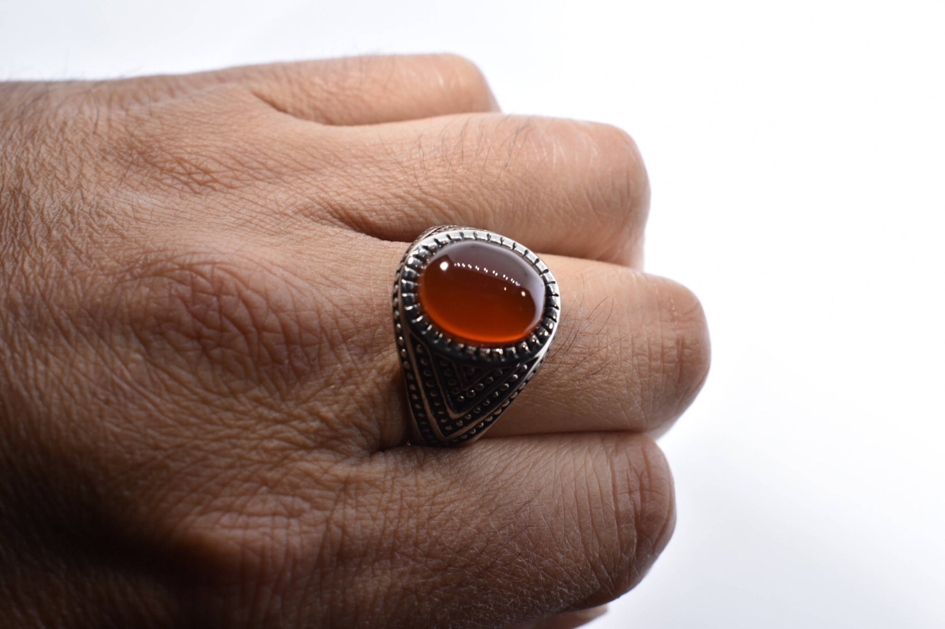 Vintage Gothic Genuine Red Carnelian Silver Stainless Steel Mens Ring