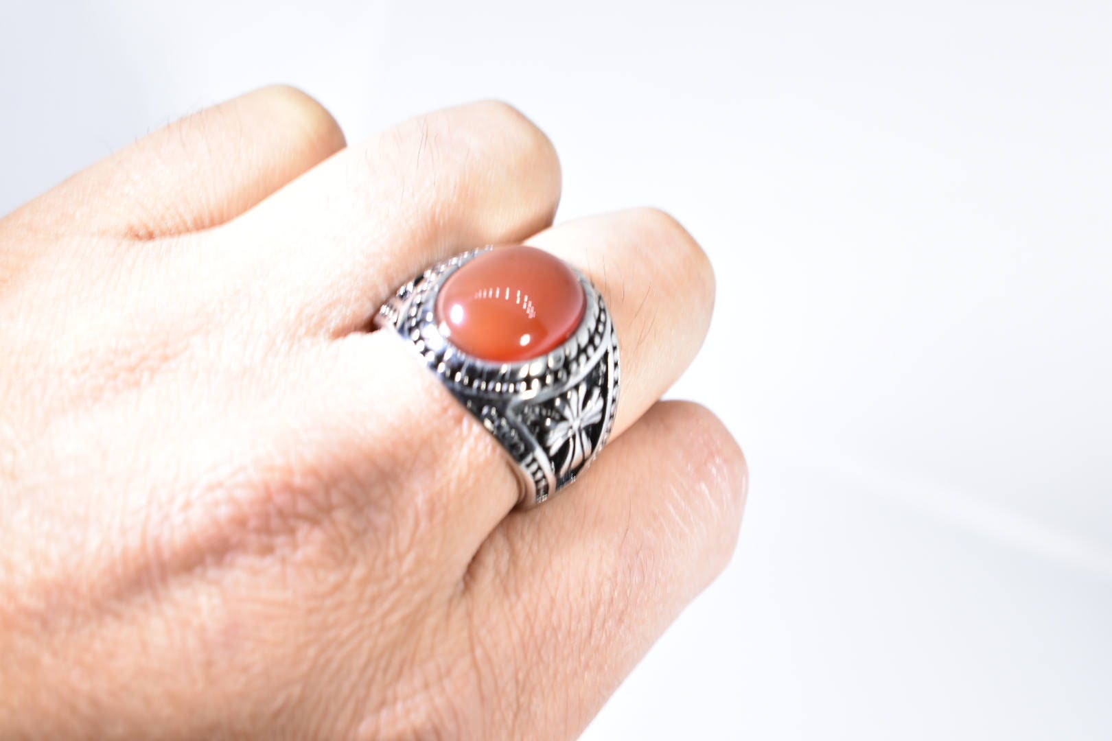 Vintage Gothic Silver Genuine Red Carnelian Cross Mens Stainless Steel Ring