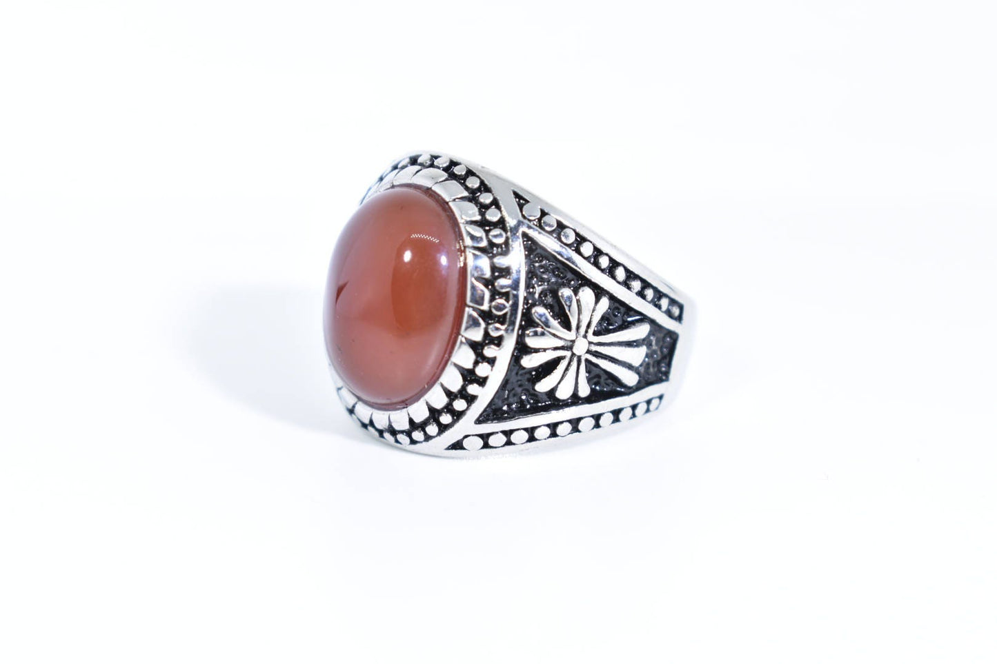 Vintage Gothic Silver Genuine Red Carnelian Cross Mens Stainless Steel Ring