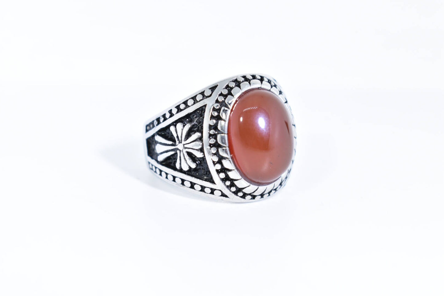 Vintage Gothic Silver Genuine Red Carnelian Cross Mens Stainless Steel Ring