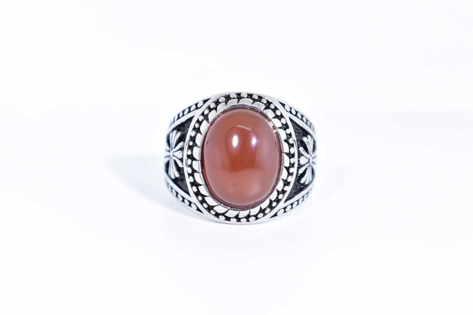 Vintage Gothic Silver Genuine Red Carnelian Cross Mens Stainless Steel Ring