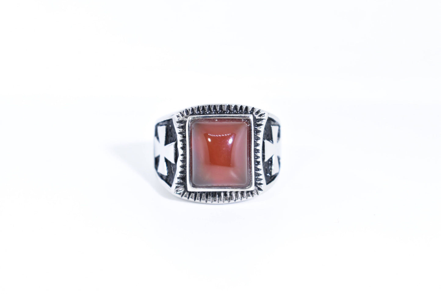 Vintage Gothic Silver Genuine Red Carnelian Cross Mens Ring