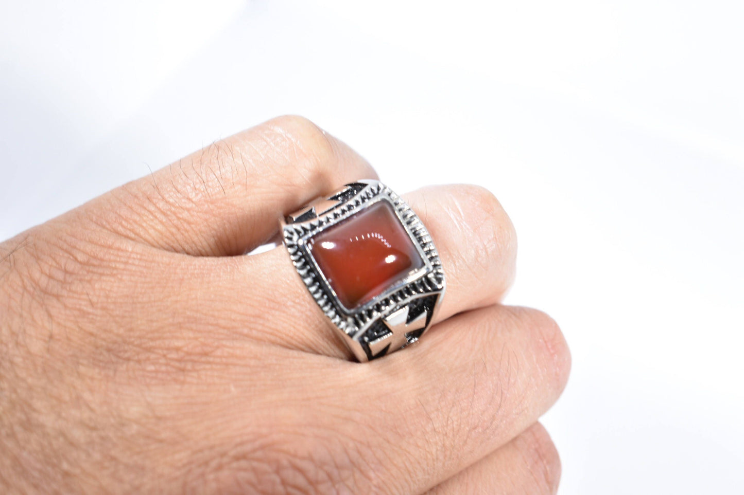 Vintage Gothic Silver Genuine Red Carnelian Cross Mens Ring
