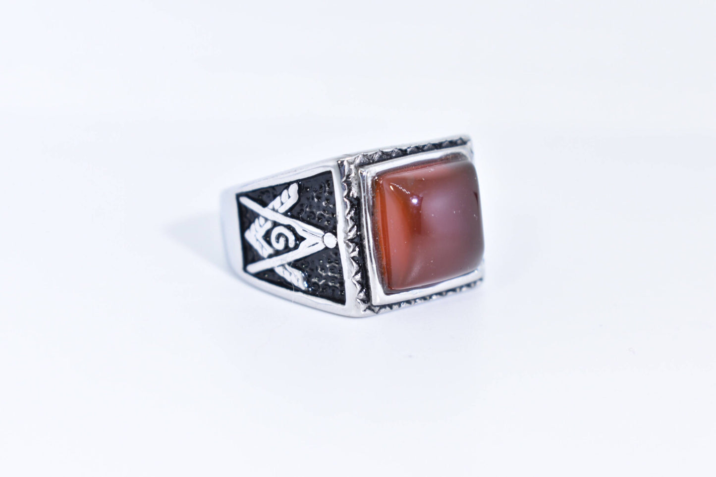 Vintage Gothic Silver Genuine Red Carnelian Free Mason Mens Ring