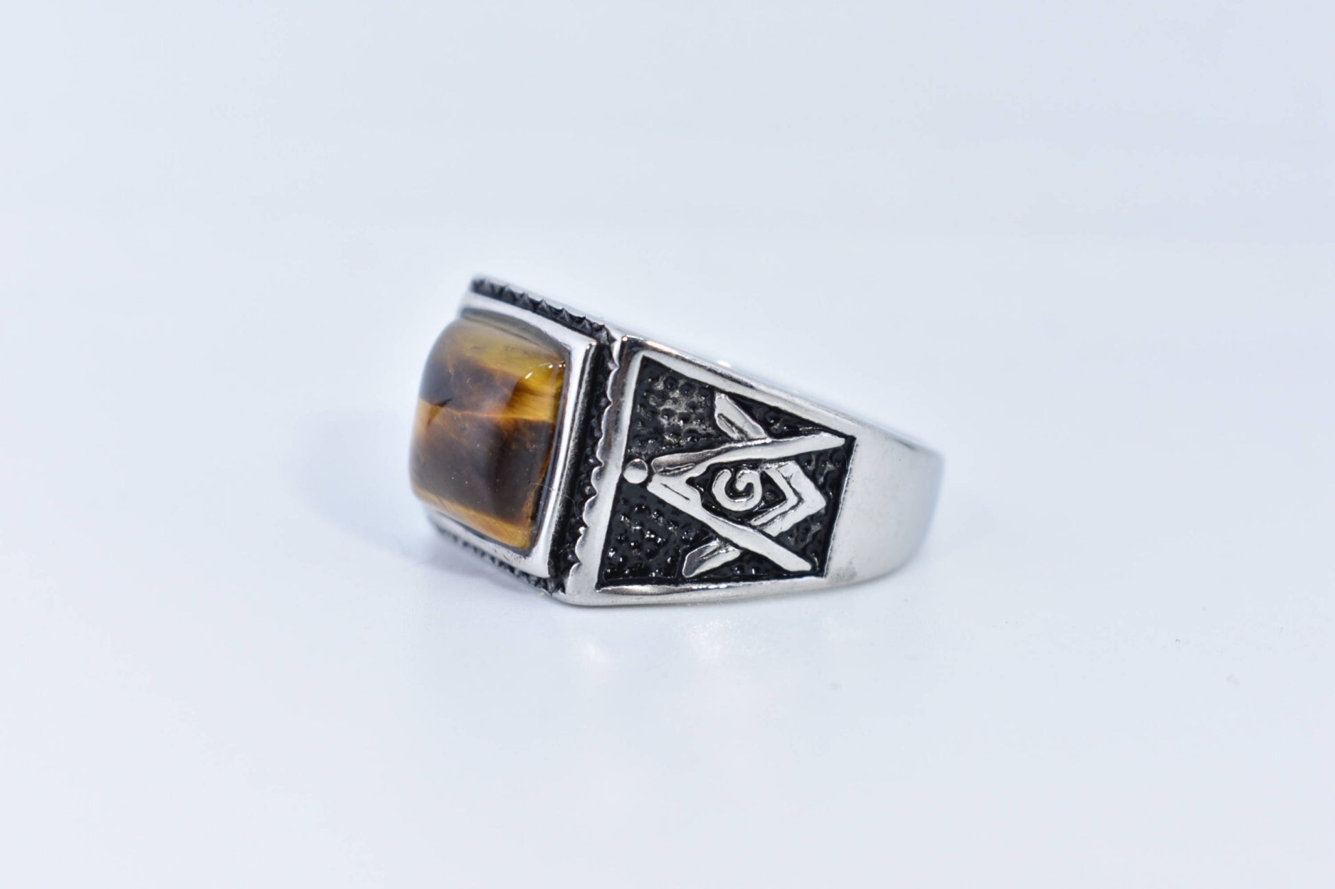 Vintage Gothic Gold Finished Stainless Steel Genuine Tigers Eye Free Mason Ring