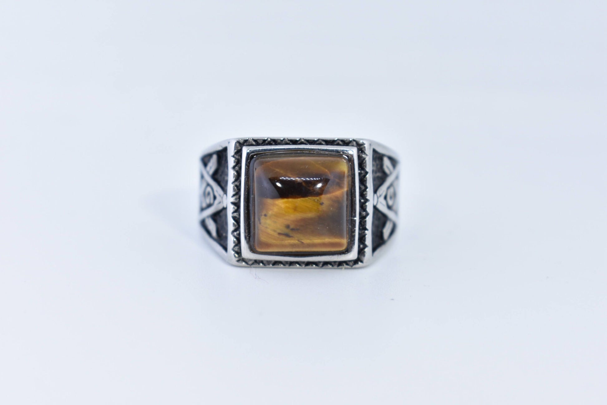 Vintage Gothic Gold Finished Stainless Steel Genuine Tigers Eye Free Mason Ring