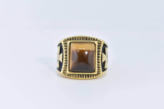 Vintage Gothic Gold Finished Stainless Steel Genuine Tigers Eye Mens Ring