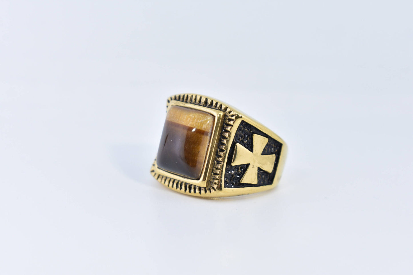 Vintage Gothic Gold Finished Stainless Steel Genuine Tigers Eye Mens Ring