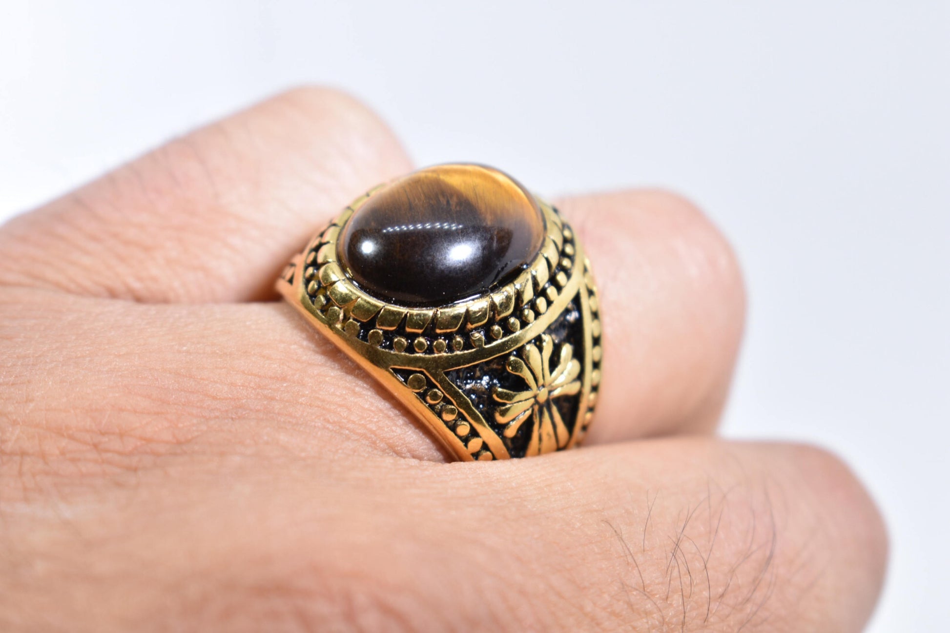 Vintage Gothic Stainless Steel Genuine Tigers Eye Ring