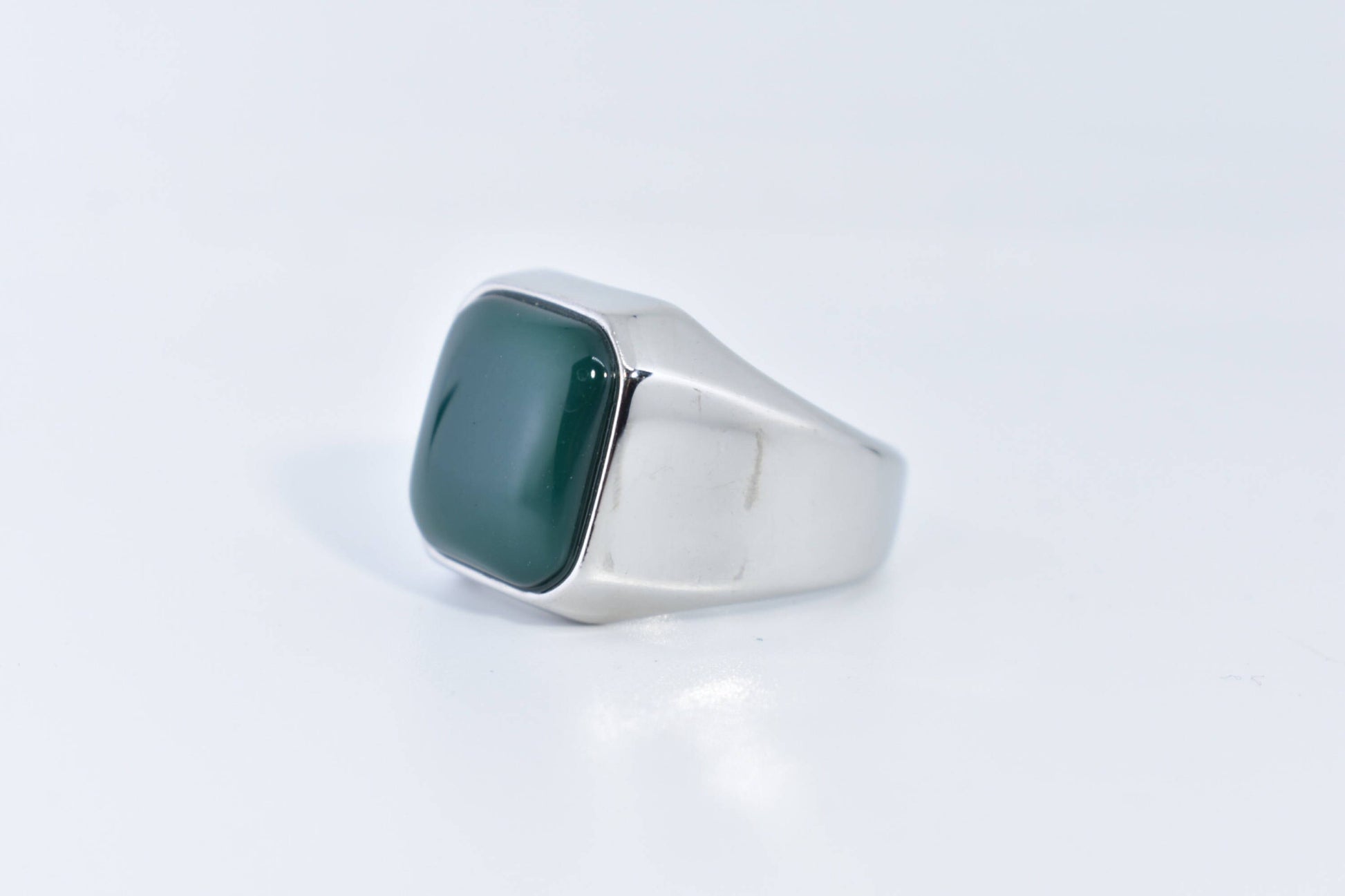 Vintage Silver Stainless Steel Genuine Green Onyx Mens Ring