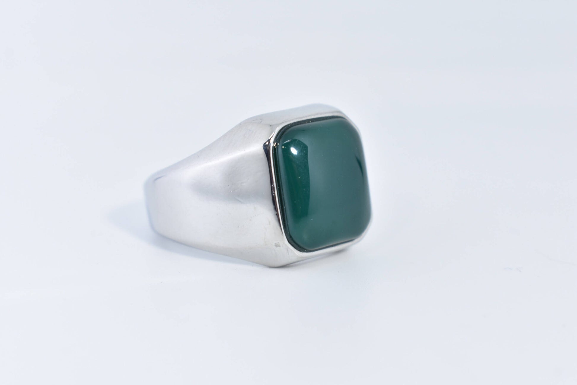 Vintage Silver Stainless Steel Genuine Green Onyx Mens Ring