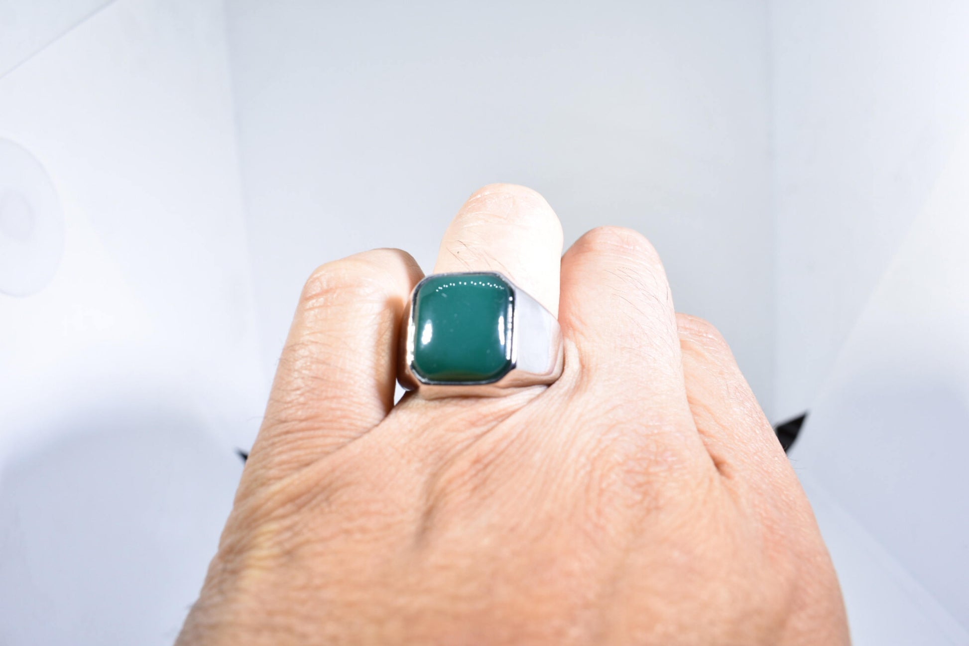 Vintage Silver Stainless Steel Genuine Green Onyx Mens Ring