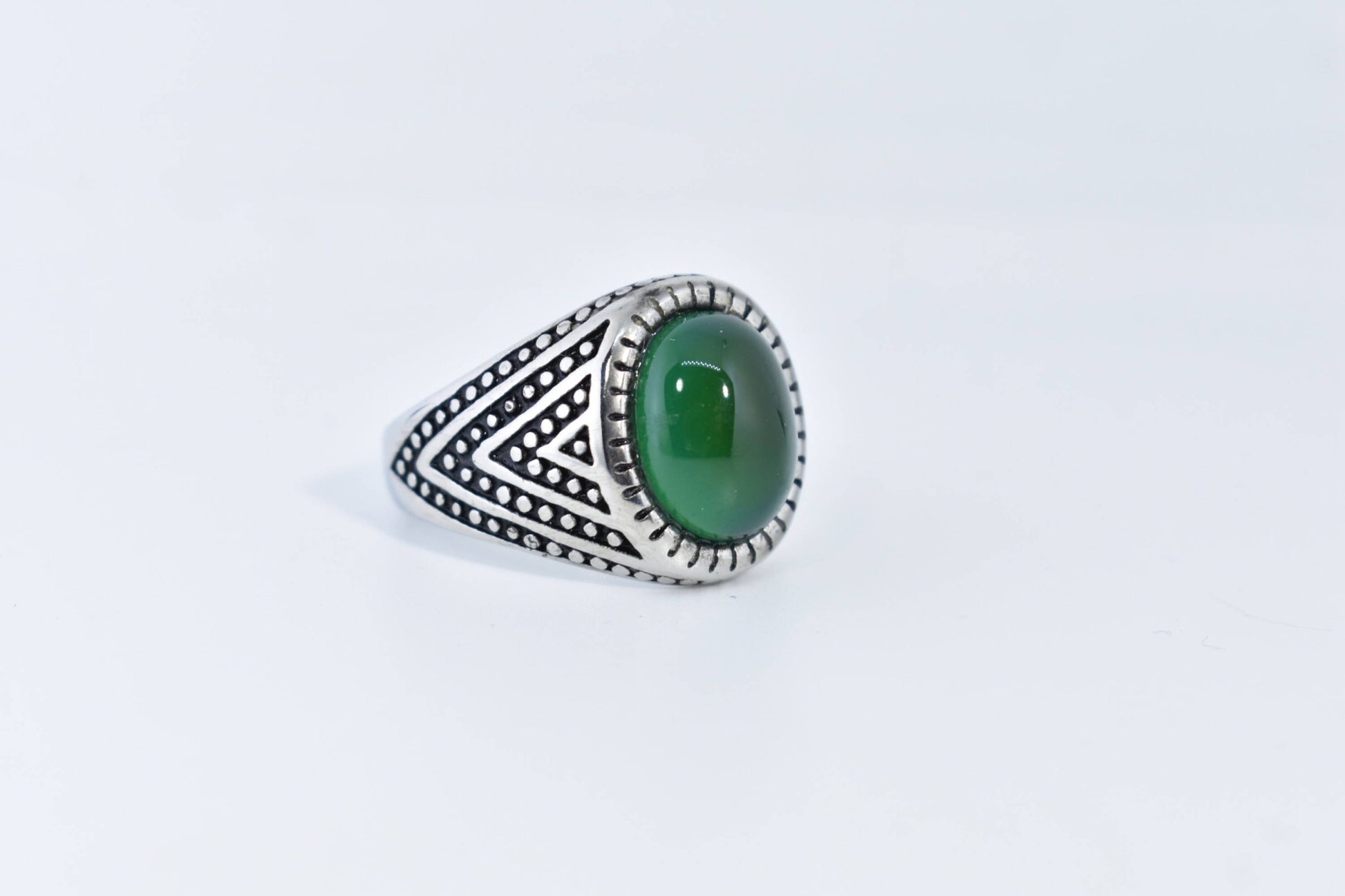 Vintage Gothic Silver Stainless Steel Genuine Green Onyx Mens Ring