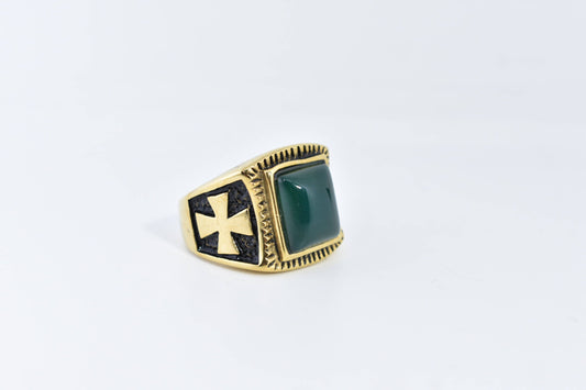 Vintage Gothic Silver Stainless Steel Genuine Green Onyx Mens Cross Ring