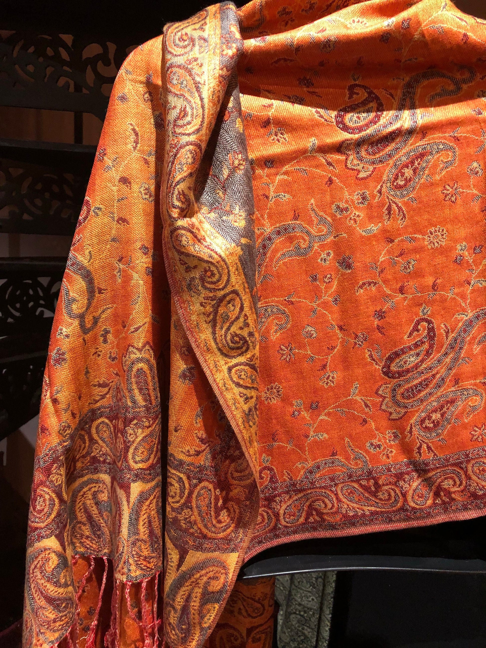 Vintage Orange Burgundy Paisley Brocade Pashmina Scarf Wrap