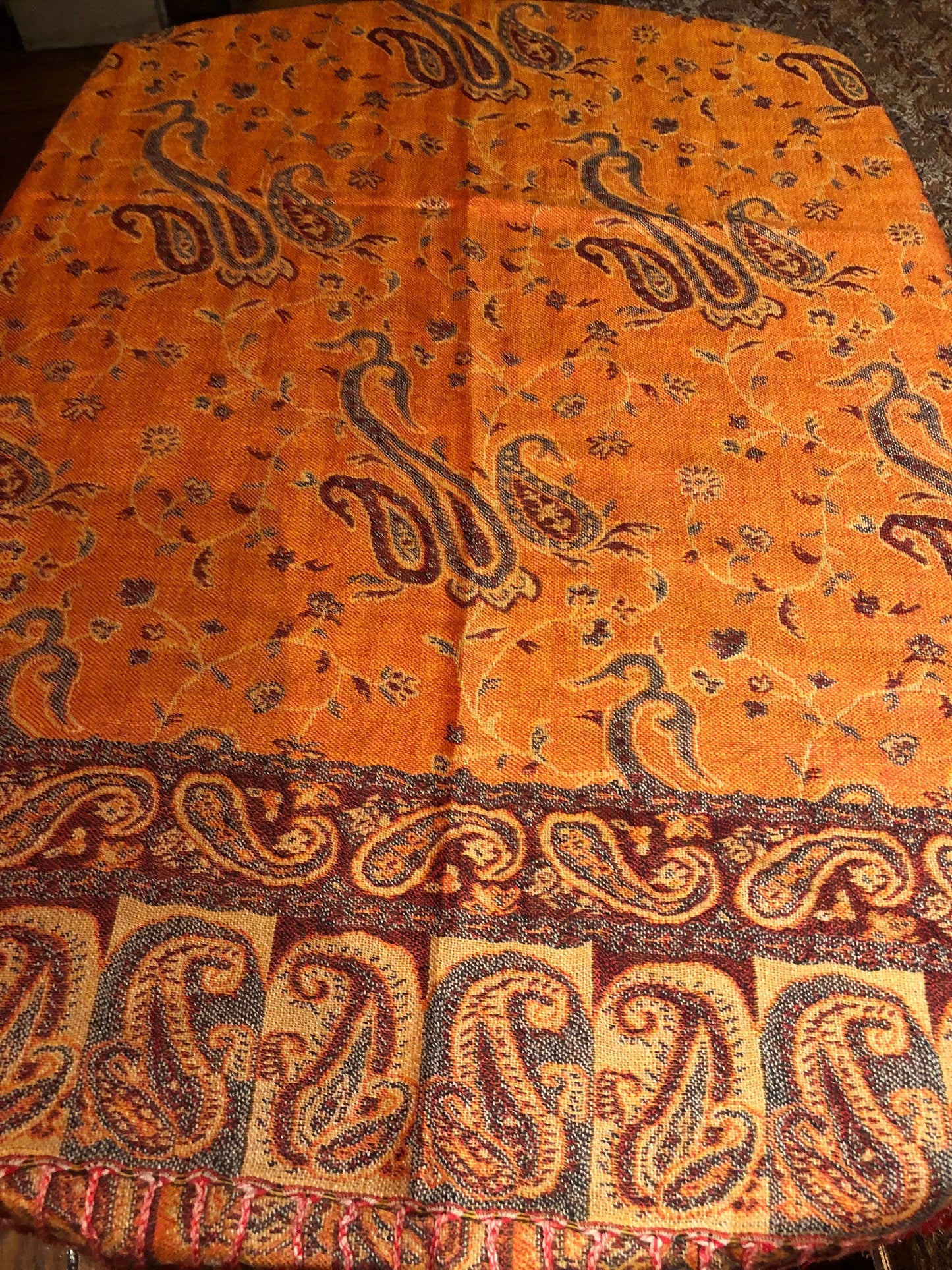 Vintage Orange Burgundy Paisley Brocade Pashmina Scarf Wrap