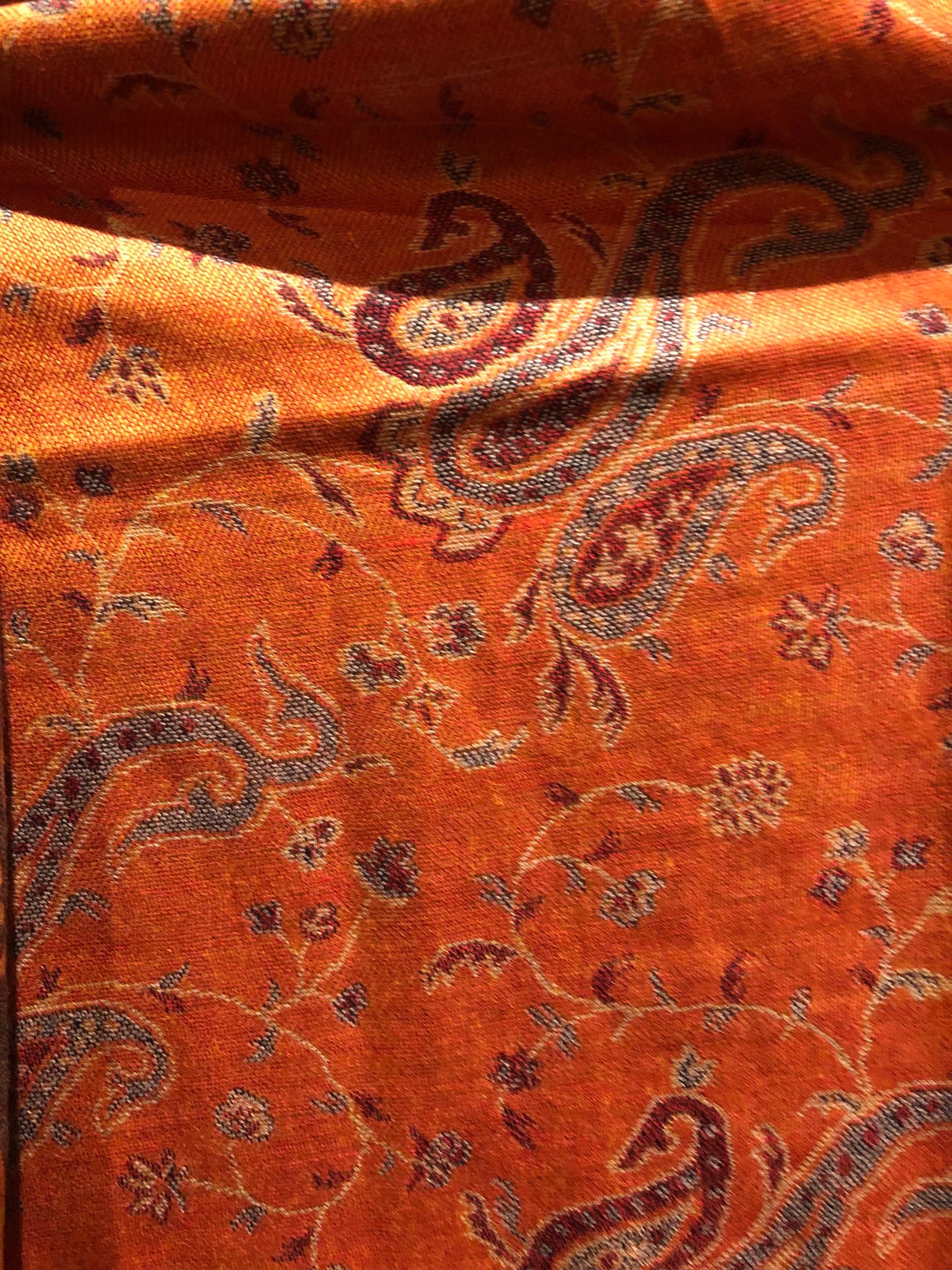 Vintage Orange Burgundy Paisley Brocade Pashmina Scarf Wrap