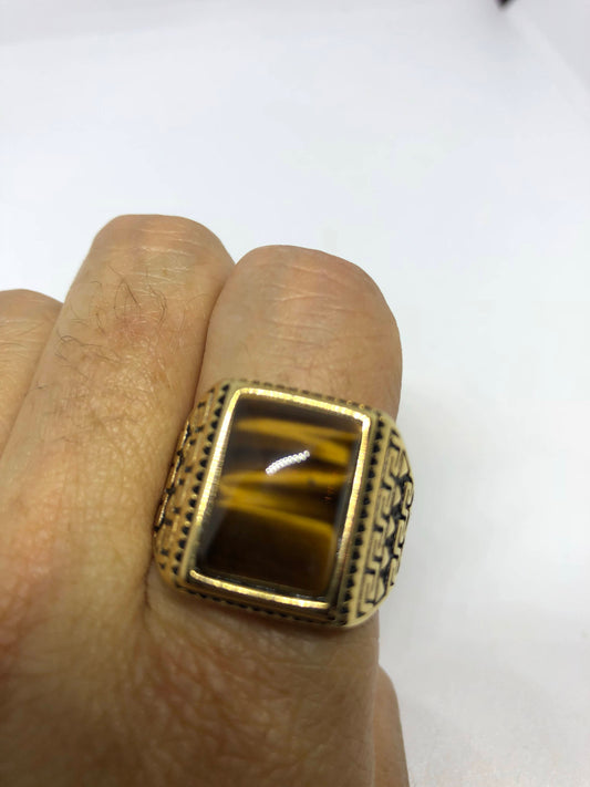 Vintage Gothic Gold Finished Stainless Steel Genuine Tigers Eye Ring