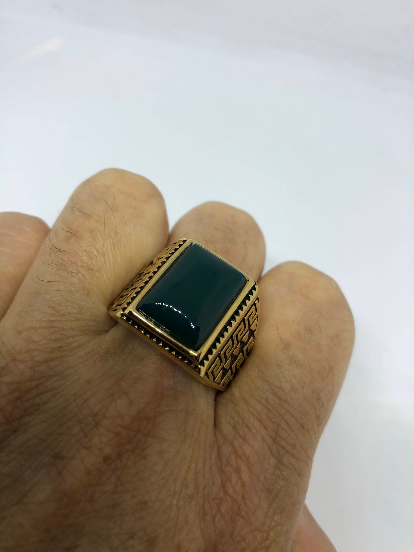 Vintage Gothic Gold Finished Genuine Green Chrysopraise Mens Ring