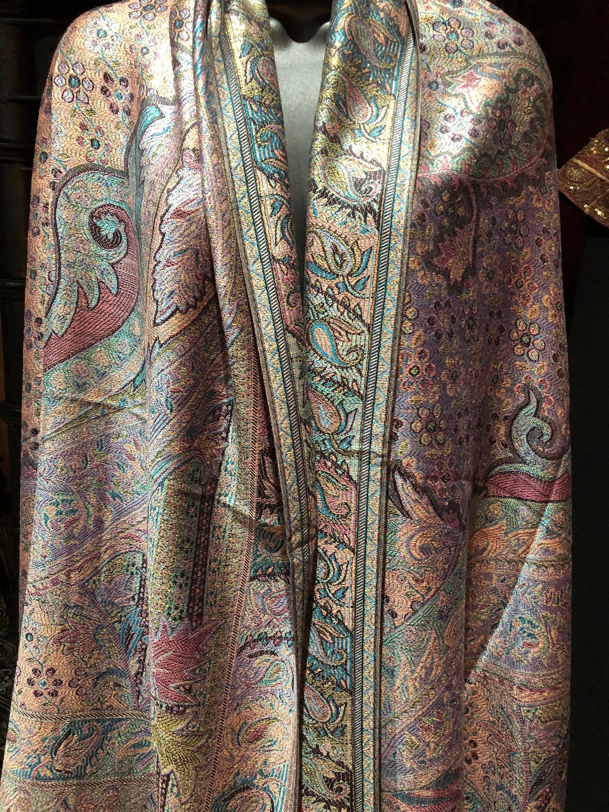 Vintage Pastel Golden Paisley Brocade Pashmina Scarf Wrap Shawl