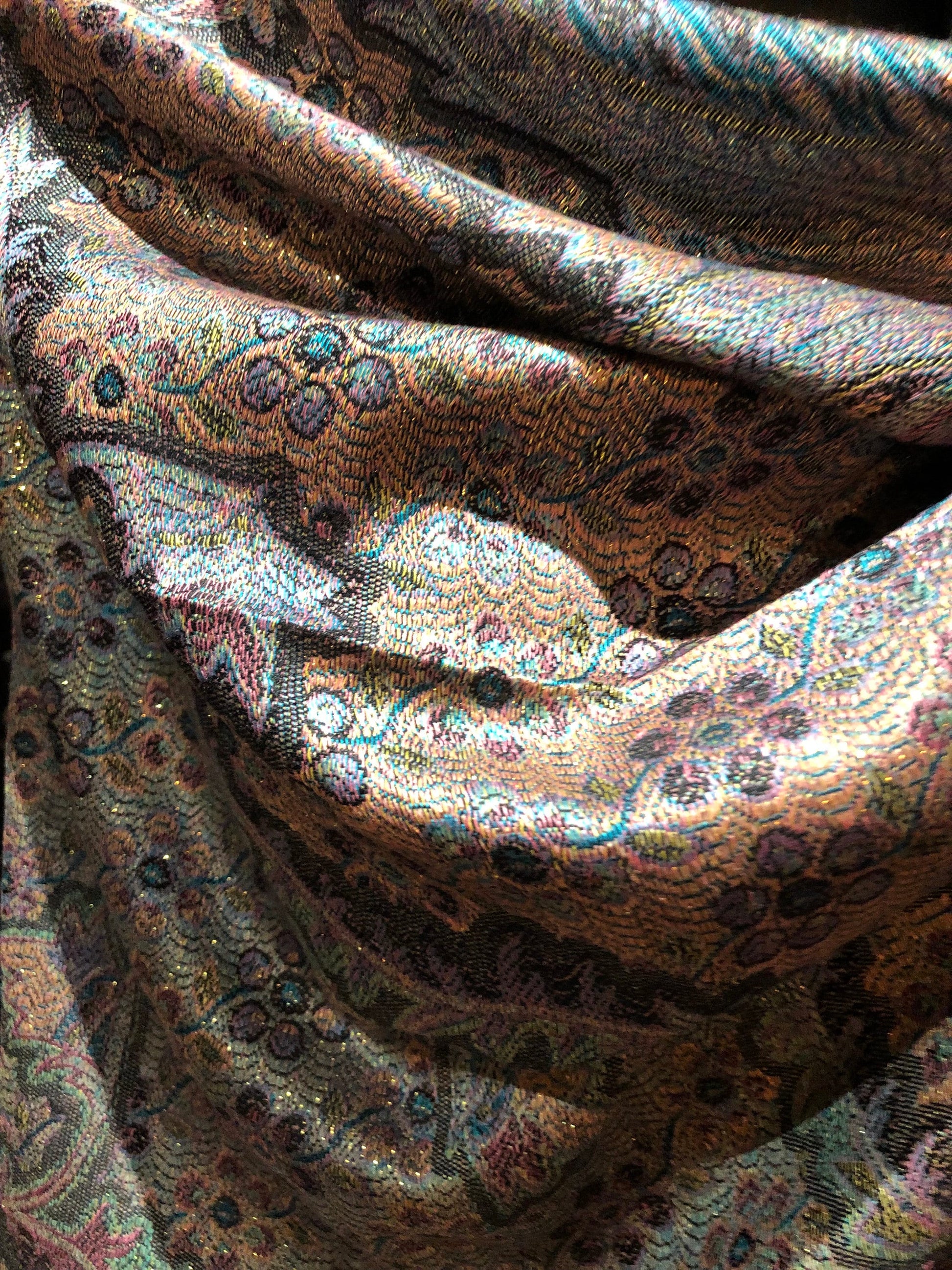 Vintage Pastel Golden Paisley Brocade Pashmina Scarf Wrap Shawl