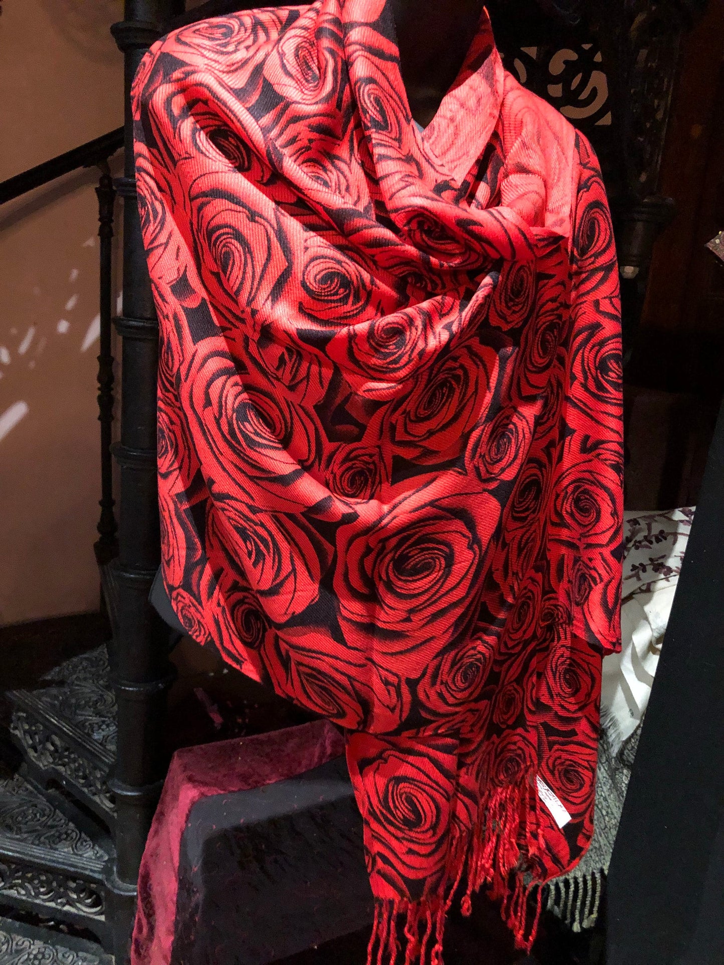 Vintage Valentine Red Black Rose Pashmina Wrap Shawl Scarf