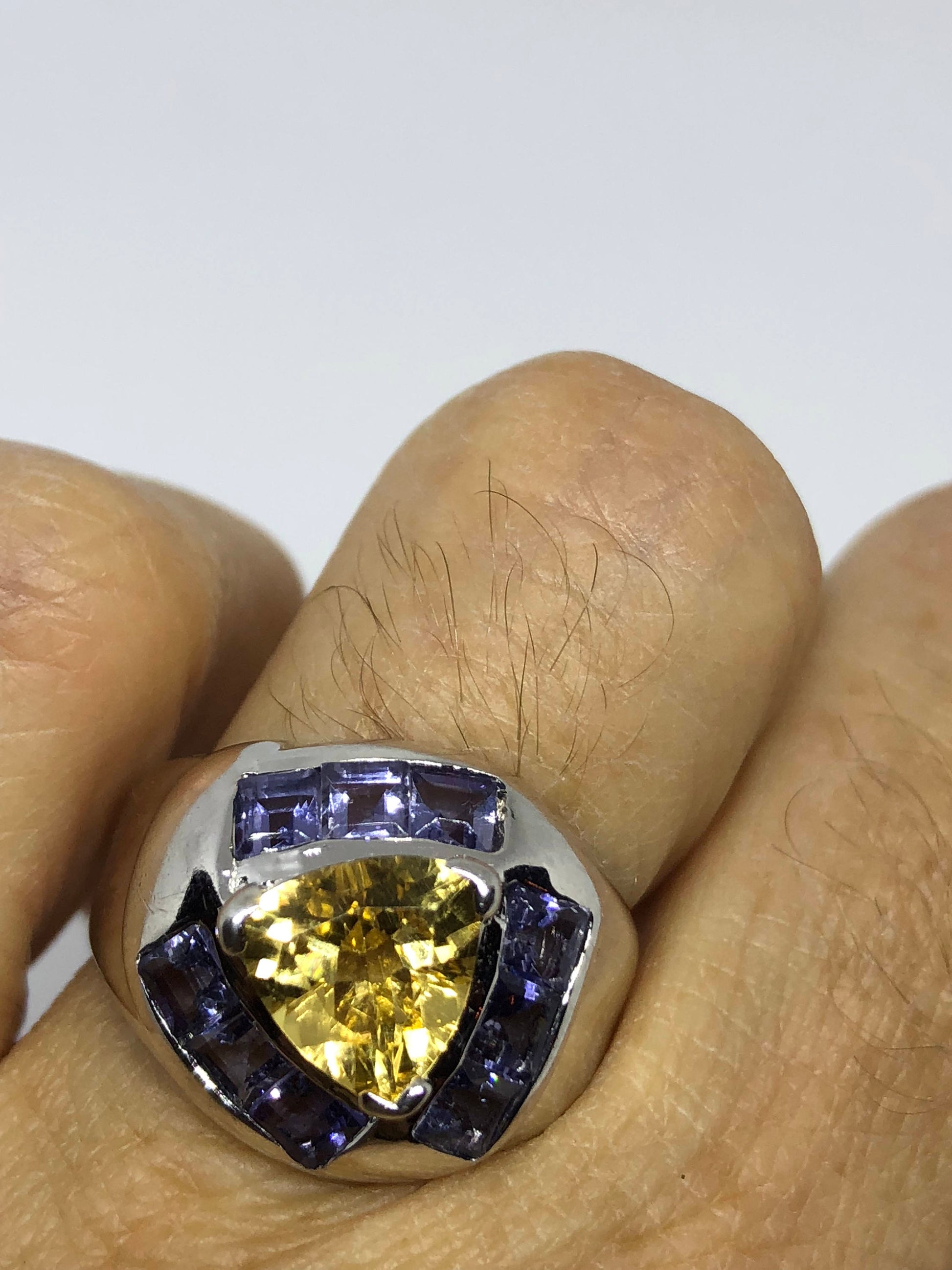 Vintage Gothic Golden Citrine and Blue Tanzanite 925 Sterling Silver Ring