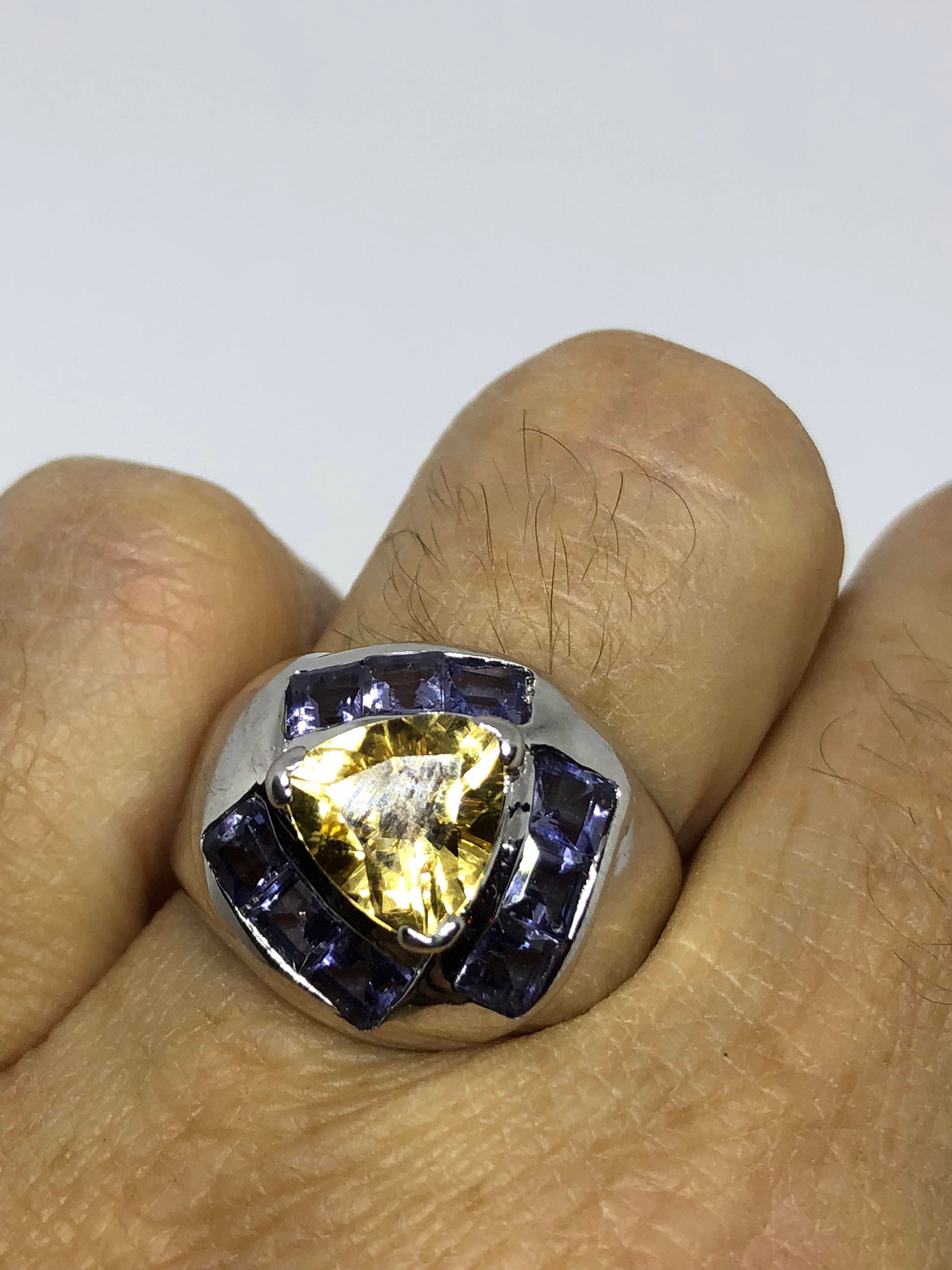 Vintage Gothic Golden Citrine and Blue Tanzanite 925 Sterling Silver Ring