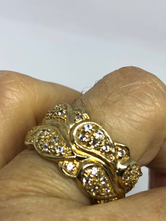 Vintage Handmade Golden 925 Sterling Silver White Sapphire Gothic Eternity Wedding Band Ring