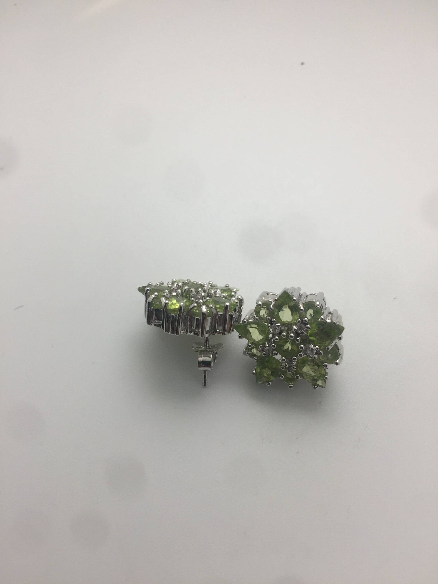 Vintage Handmade Sterling Silver genuine green peridot and white sapphire earrings