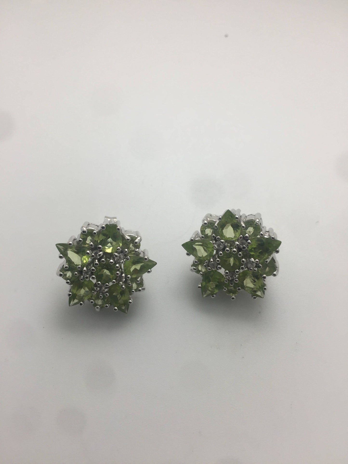 Vintage Handmade Sterling Silver genuine green peridot and white sapphire earrings