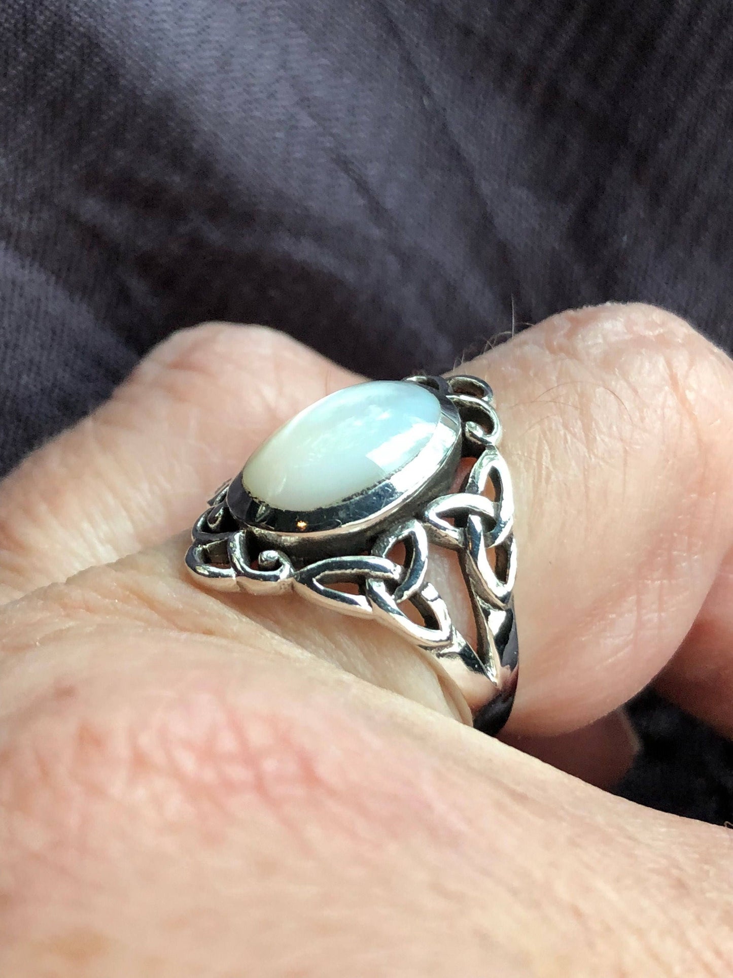 Antique White Mother of Pearl Filigree Sterling Silver Ring