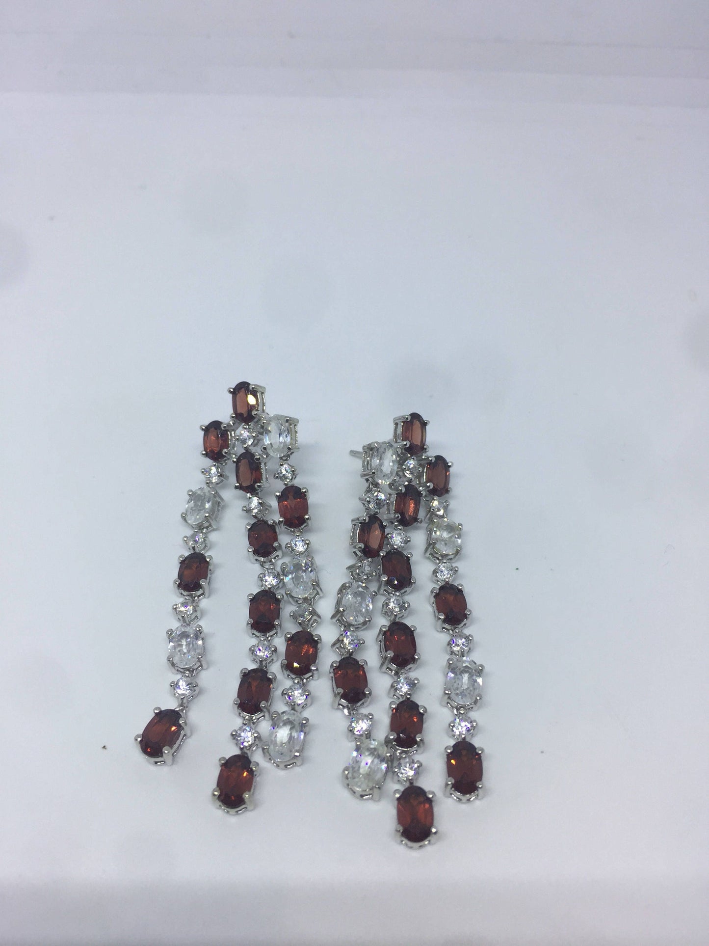Vintage Red Garnet Earrings Cubic Zirconia 925 Sterling Silver Chandelier Dangle