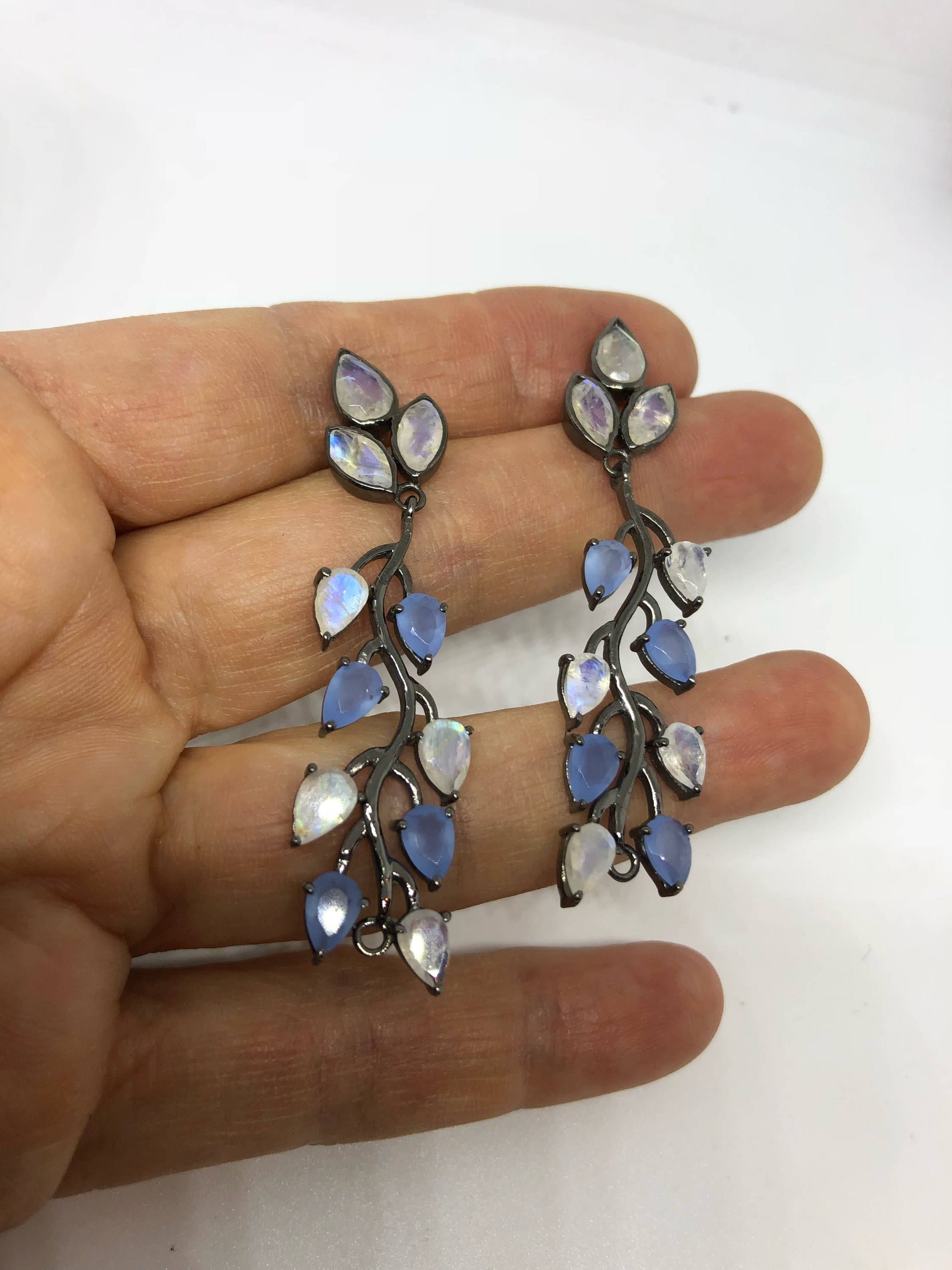 Vintage Genuine Blue Chalcedony Rainbow Moonstone Sterling Silver Chandelier Earrings