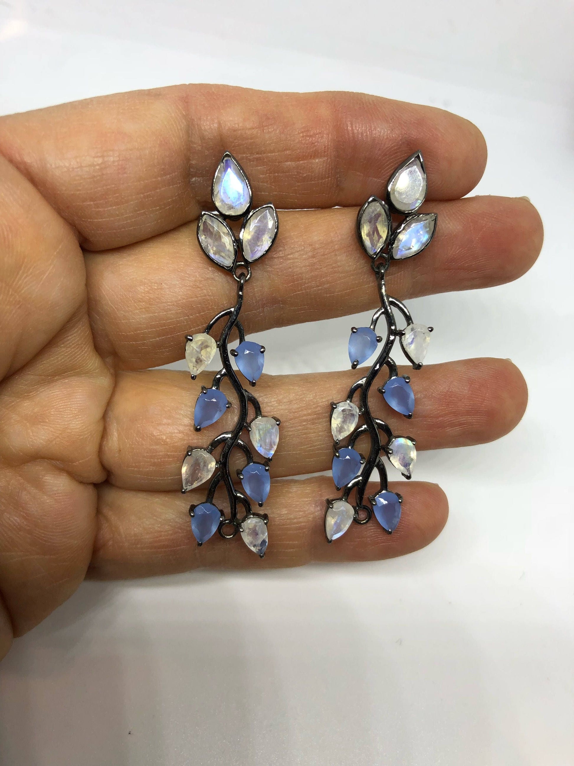 Vintage Genuine Blue Chalcedony Rainbow Moonstone Sterling Silver Chandelier Earrings