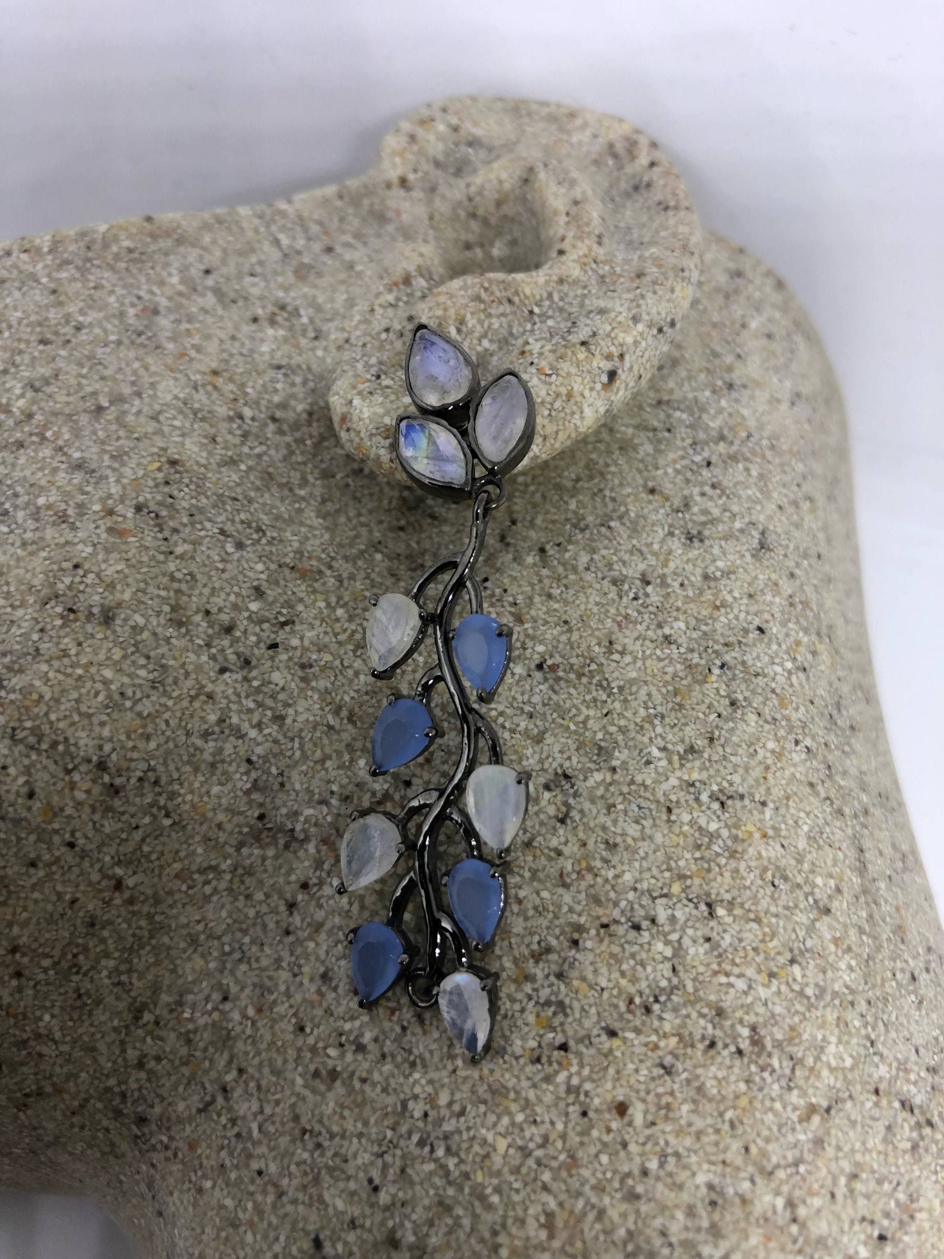 Vintage Genuine Blue Chalcedony Rainbow Moonstone Sterling Silver Chandelier Earrings