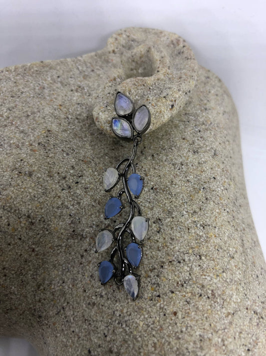 Vintage Genuine Blue Chalcedony Rainbow Moonstone Sterling Silver Chandelier Earrings