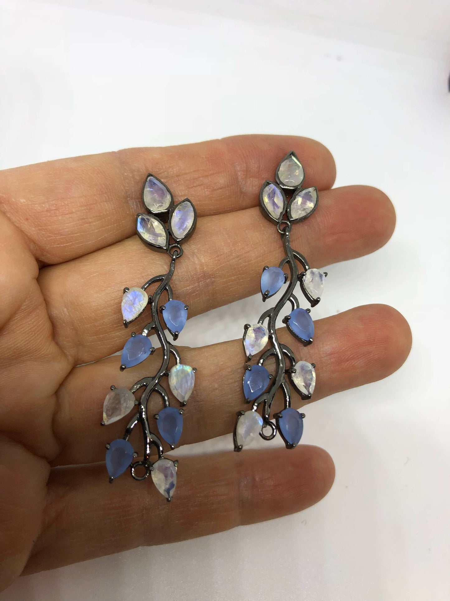 Vintage Genuine Blue Chalcedony Rainbow Moonstone Sterling Silver Chandelier Earrings