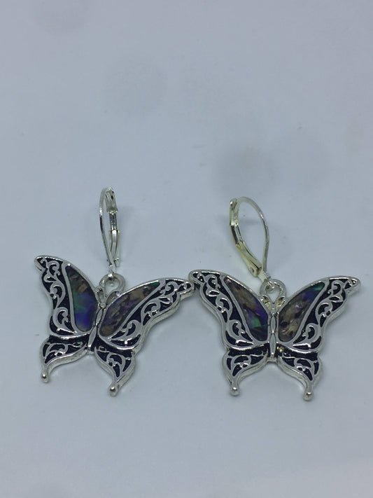 Vintage Handmade Silver Rainbow Abalone Butterfly Earrings