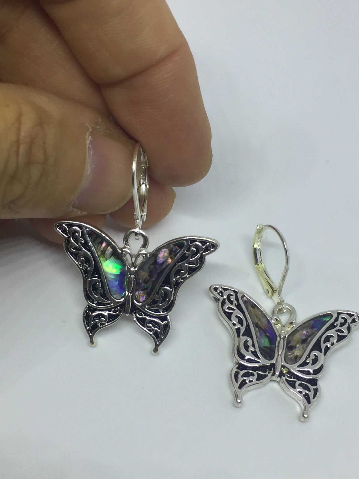 Vintage Handmade Silver Rainbow Abalone Butterfly Earrings