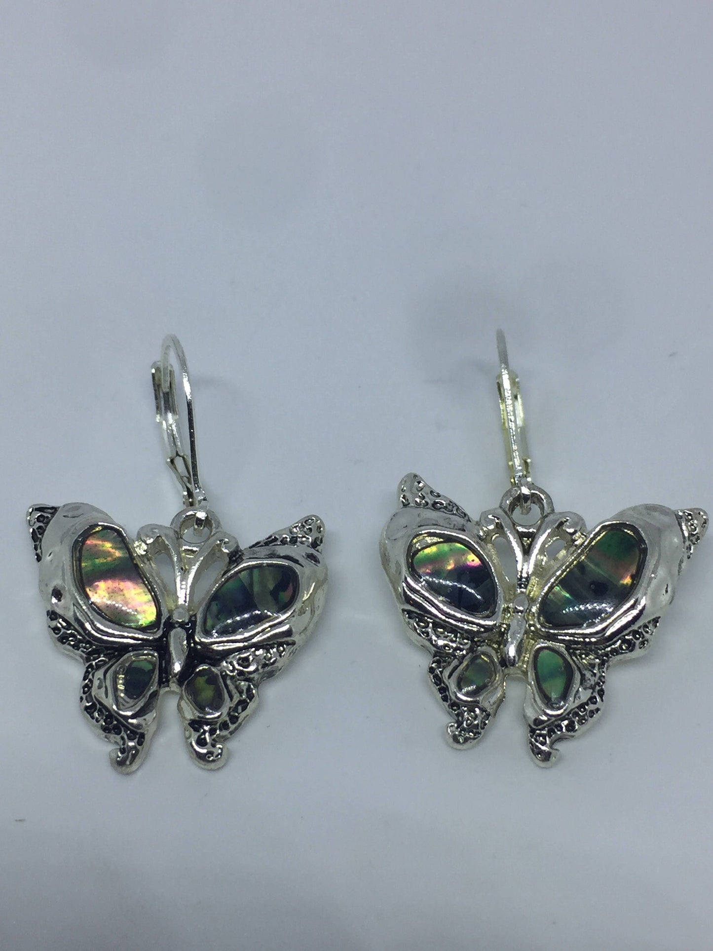 Vintage Handmade Silver Rainbow Abalone Butterfly Earrings