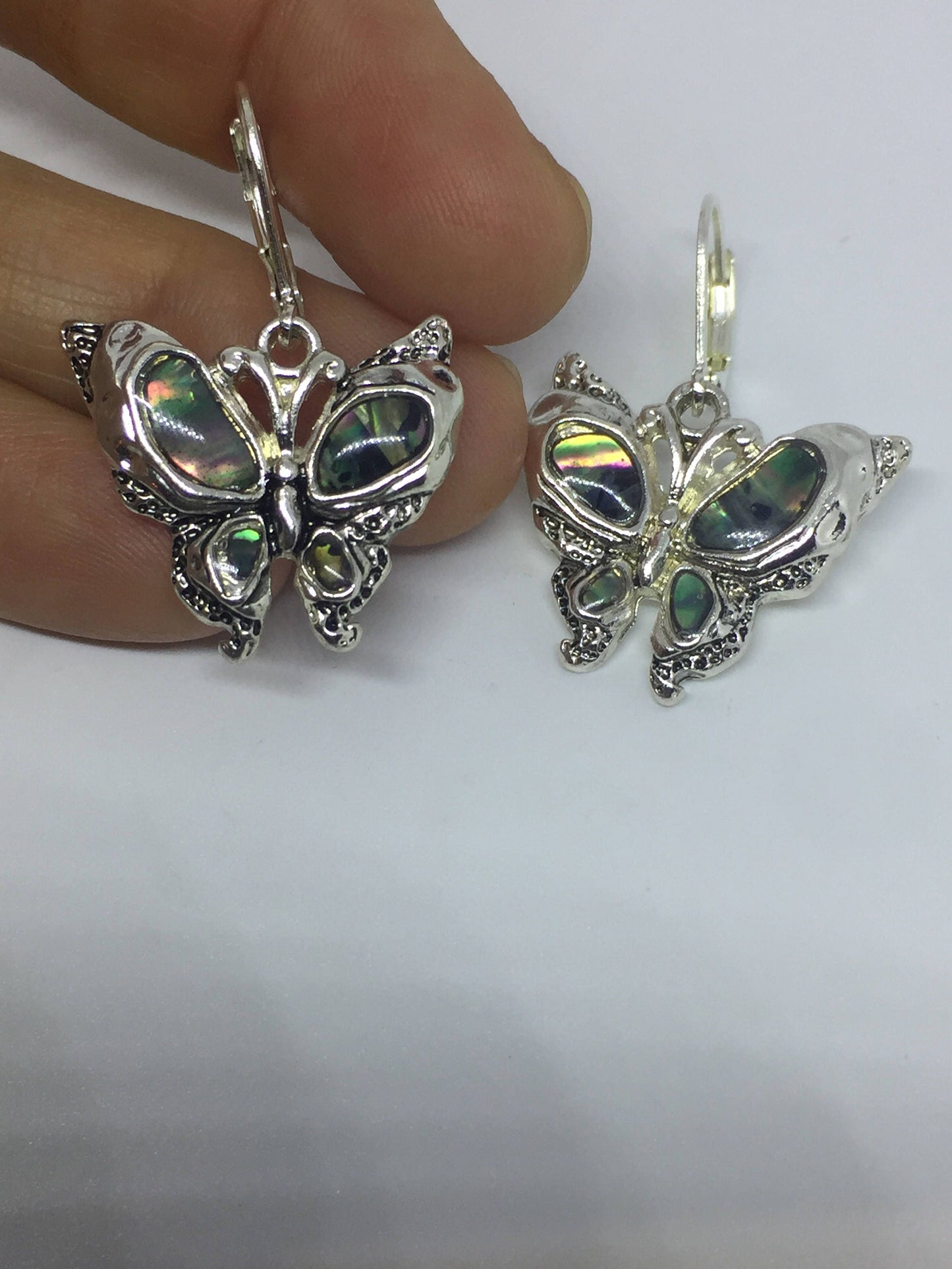 Vintage Handmade Silver Rainbow Abalone Butterfly Earrings