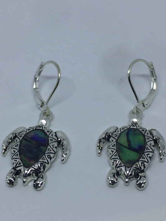 Vintage Handmade Silver Rainbow Abalone Sea Turtle Earrings