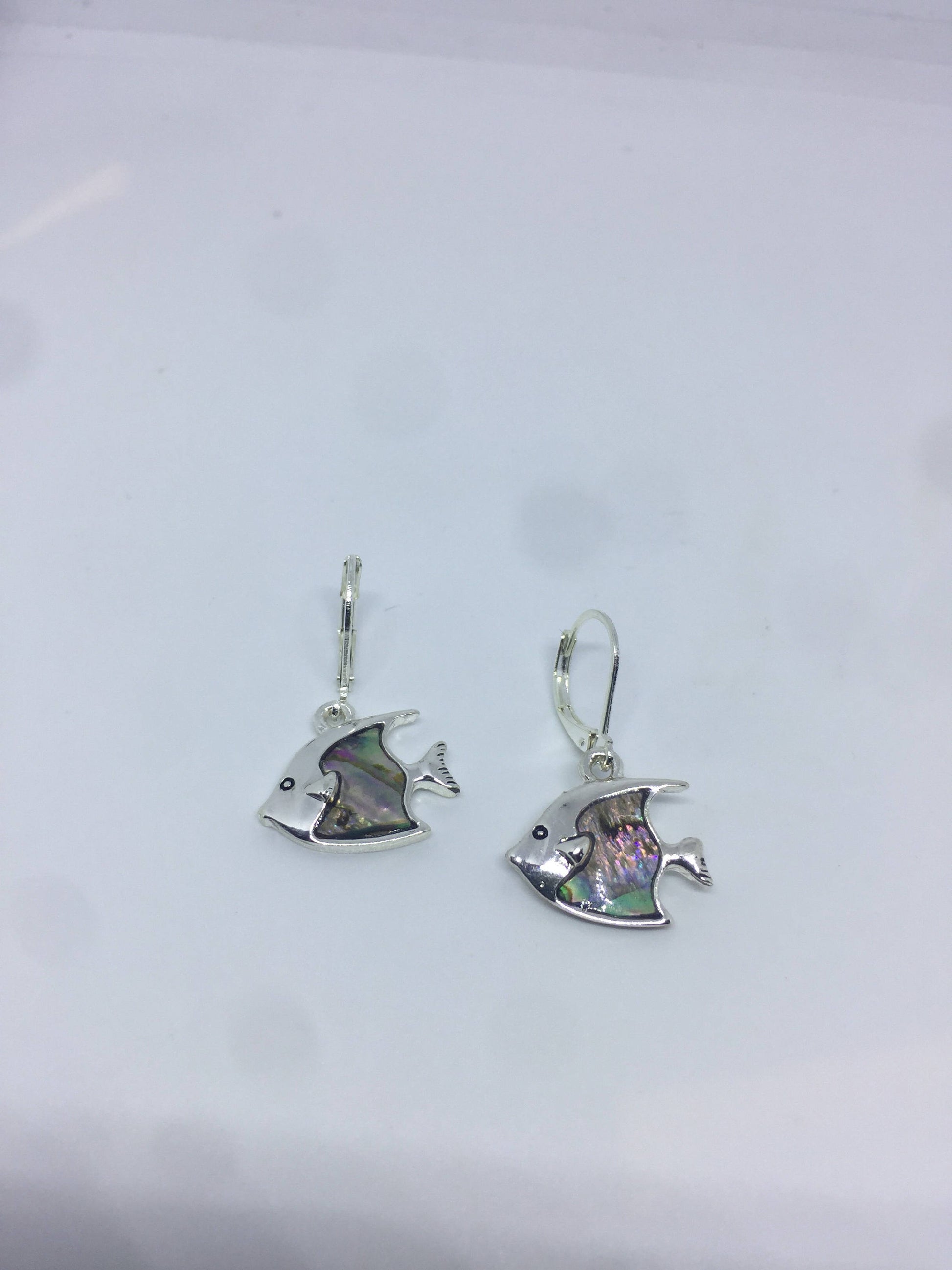 Vintage Handmade Silver Rainbow Abalone Angel Fish Earrings