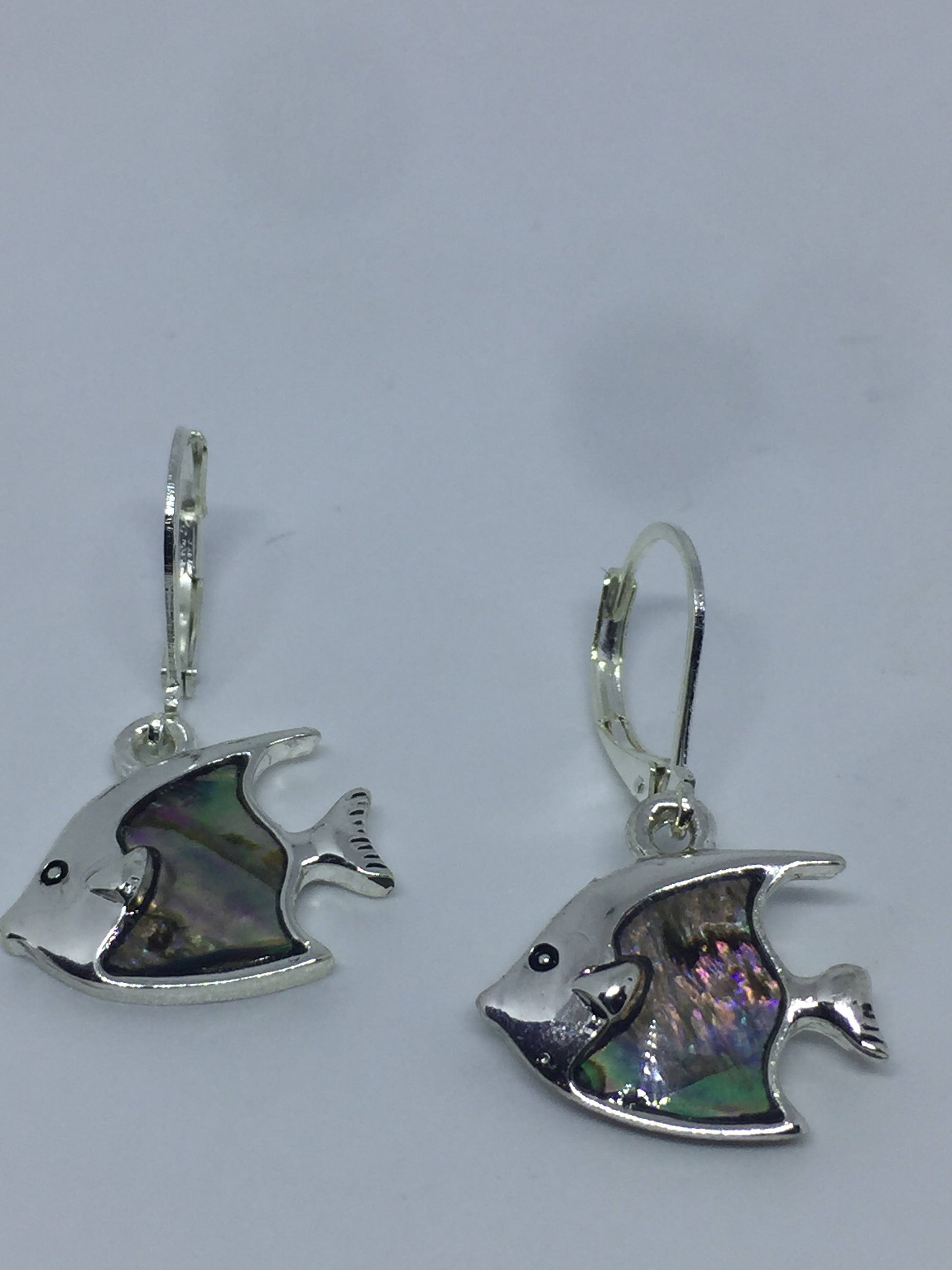 Vintage Handmade Silver Rainbow Abalone Angel Fish Earrings