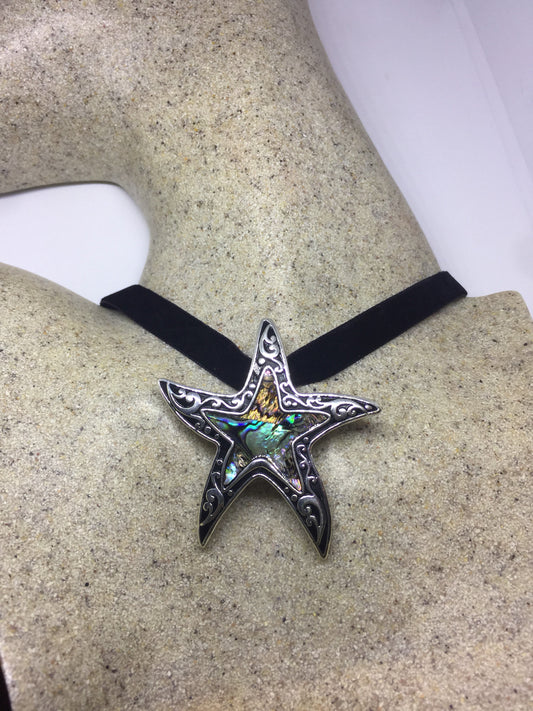 Blue Handmade Gothic Styled Silver Finished Genuine Abalone Star Fish Choker Necklace