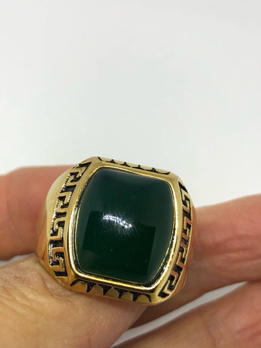Vintage Gothic Gold Finished Genuine Green Onyx Mens Ring