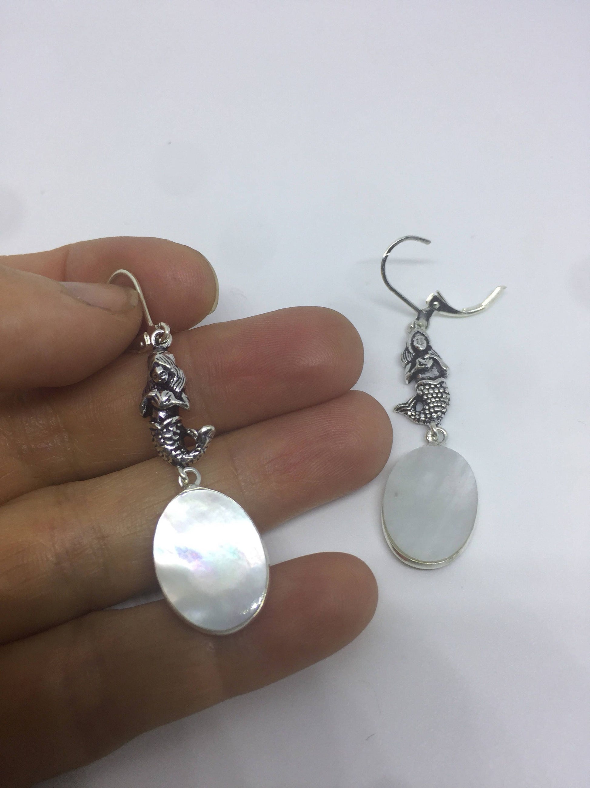 Antique Vintage White Mother of Pearl Silver Dangle Earrings